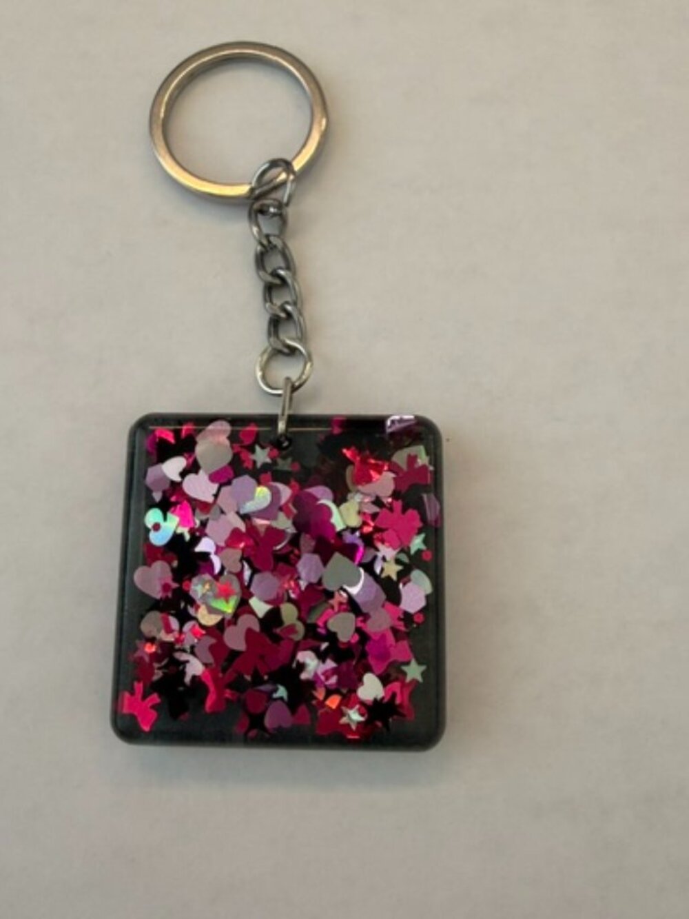 Handcrafted Resin Keychain – Pink & Silver Heart Glitter Sparkle